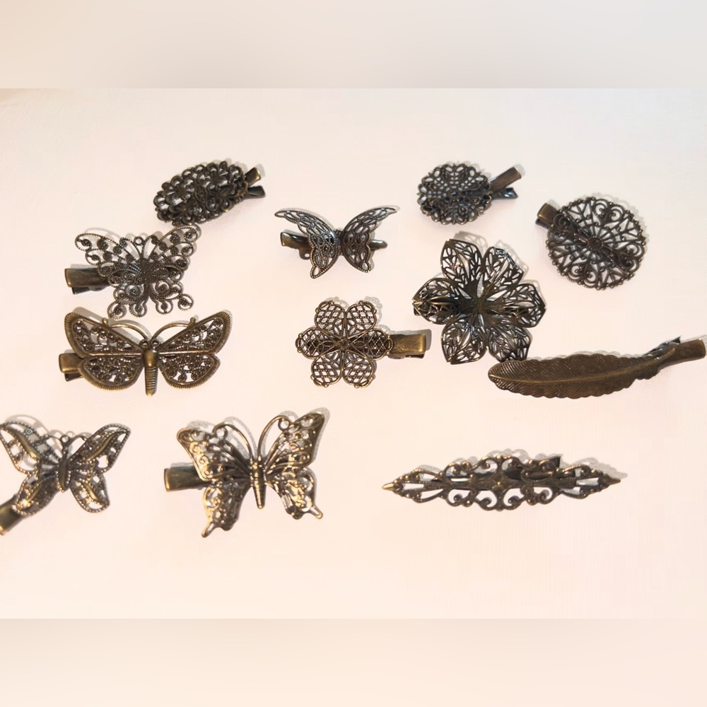 Hair Clips Butterfly Flower Feather Hair Barrettes 12 Piece Set Bronze Tone New - Picture 10 of 16